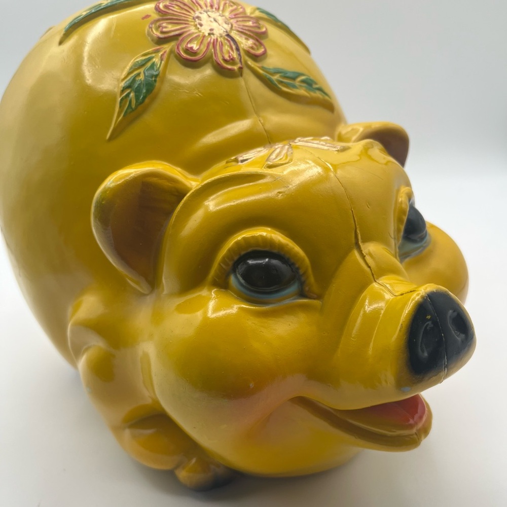Vtg MidCentury SILVESTRI BROS Large Hard Plastic Yellow Floral Piggy Bank Kitsch